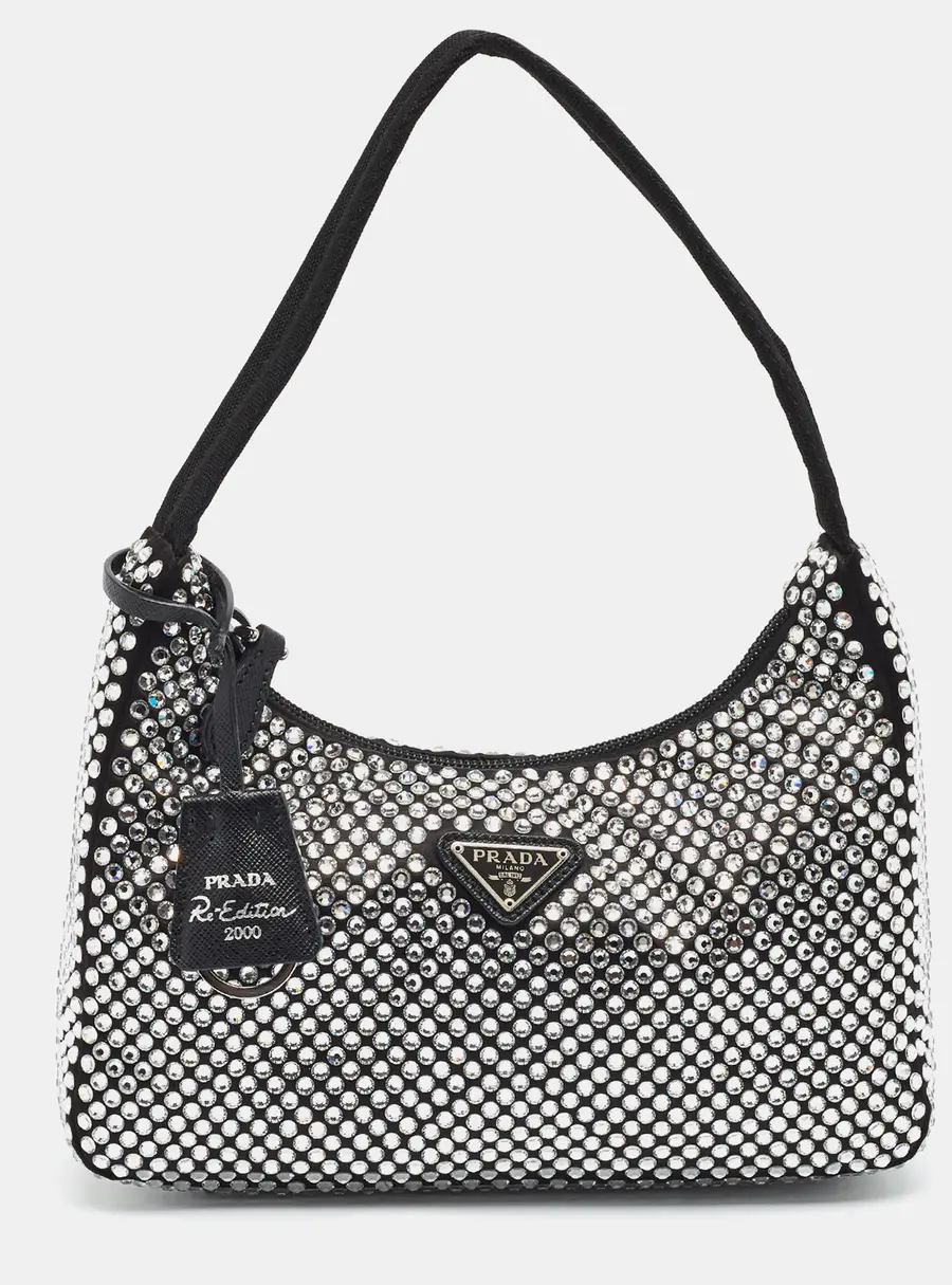 Prada Re-Edition 2005 Black Crystal Studded Satin Shoulder Bag
