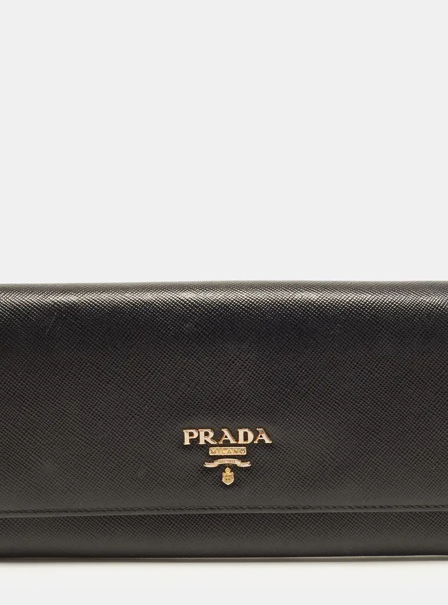 Prada Logo Flap Black Saffiano Lux Leather Continental Wallet