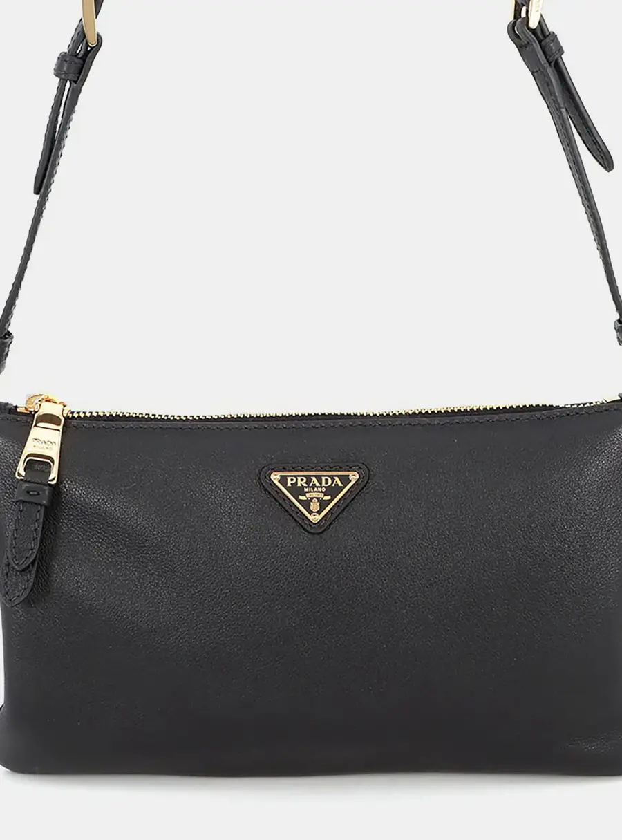 Prada Triangle Logo Black Leather Shoulder Bag