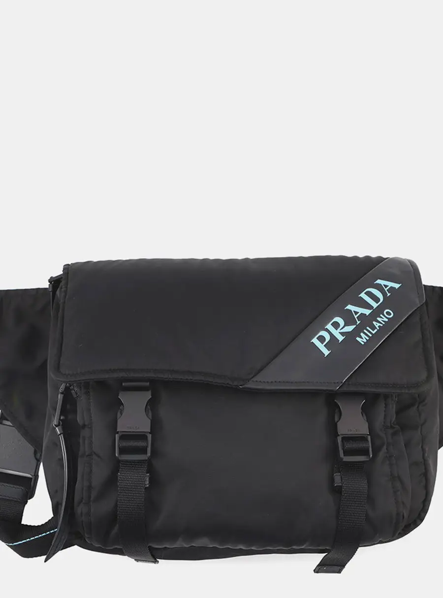 Prada Messenger Black Tessuto Nylon Leather Messenger Bag