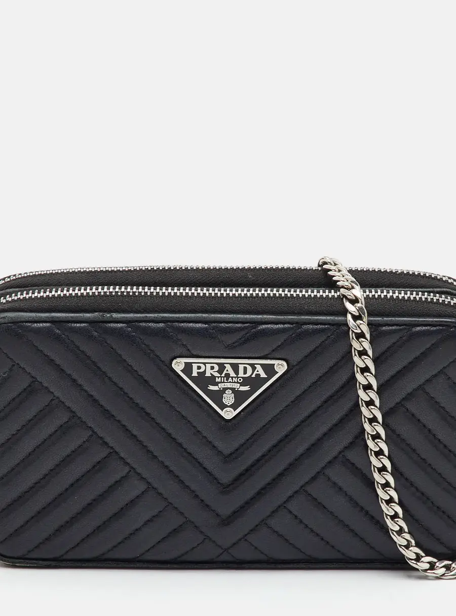 Prada Diagramme Mini Black Quilted Leather Double Zip Shoulder Bag