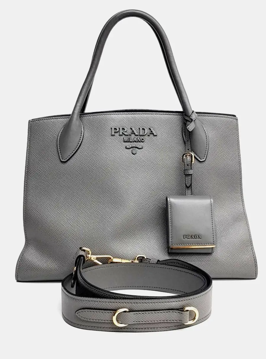Prada Grey Leather Saffiano Monochrome Bag