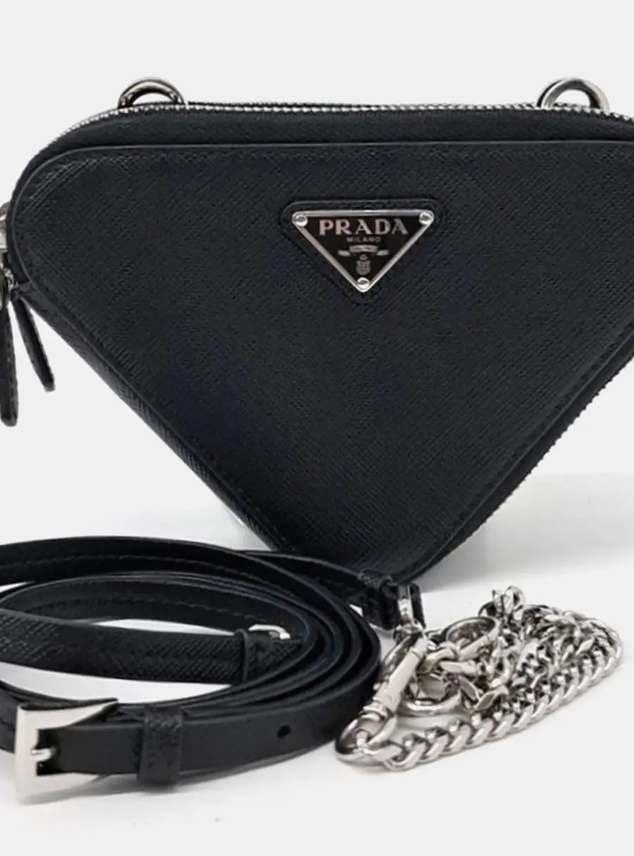 Prada Triangle Mini Black Saffiano Leather Crossbody Bag