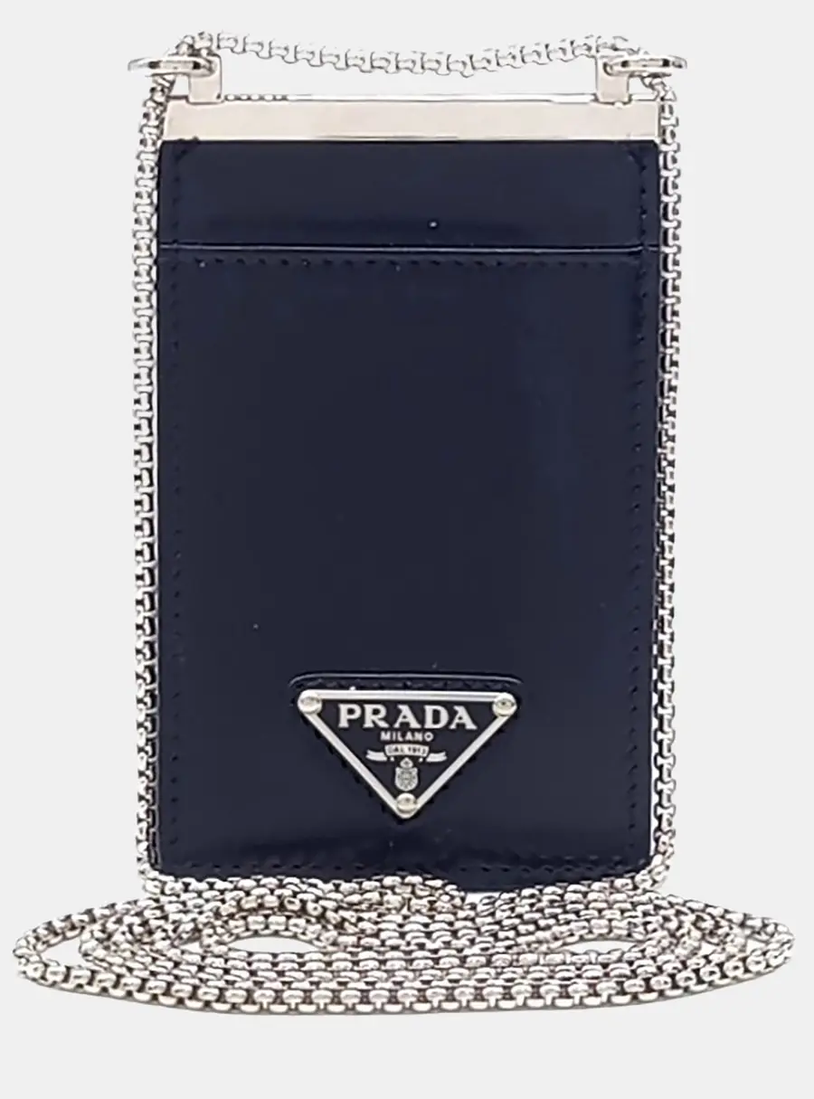 Prada Black Leather Brushed Necklace Card Holder (1MR022)