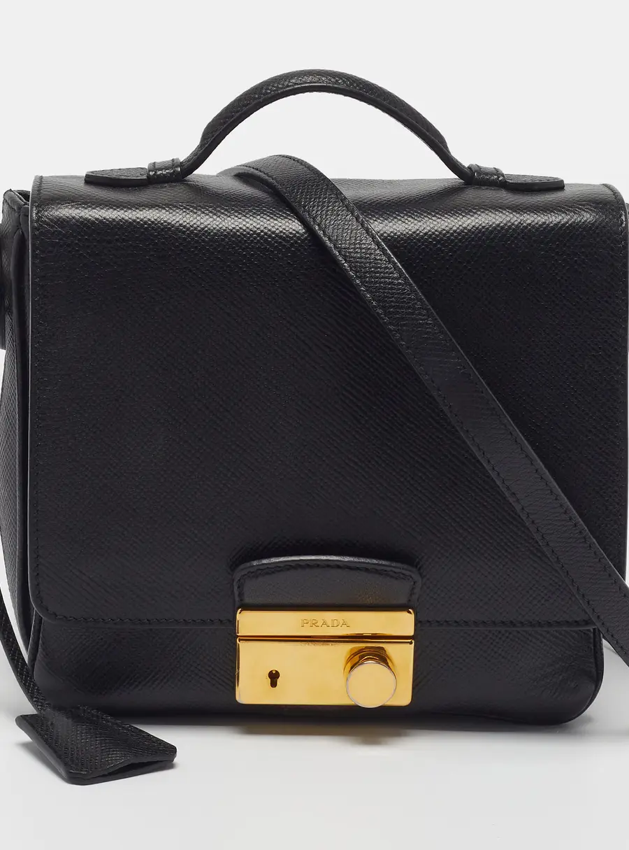 Prada Black Saffiano Cuir Leather Top Handle Crossbody Bag