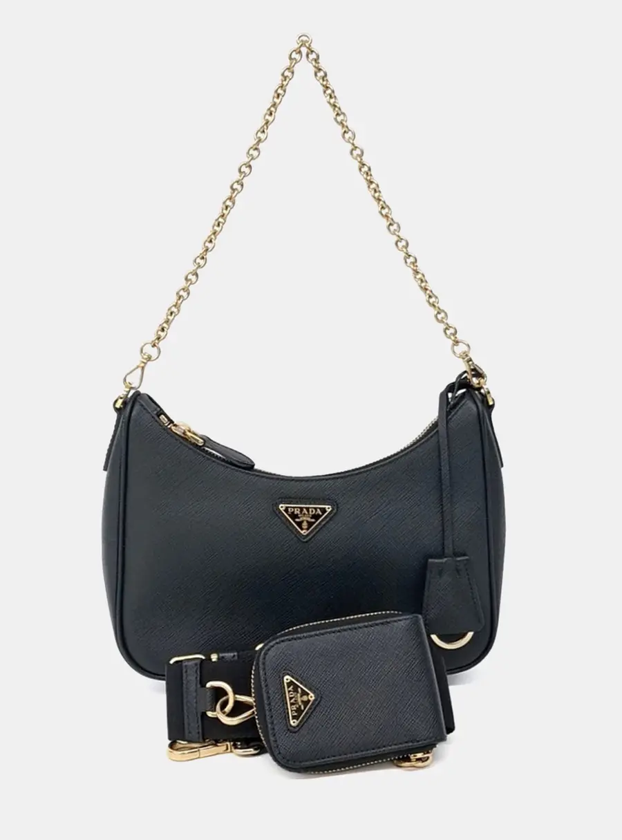 Prada Black Leather Saffiano Luxe Chain Hobo Bag