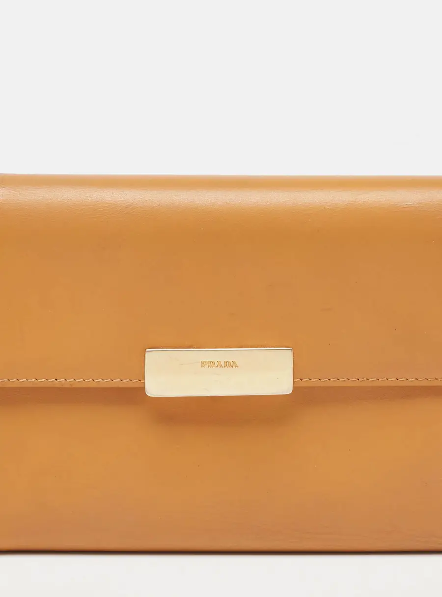 Prada Tan Leather Logo Plague Trifold Wallet