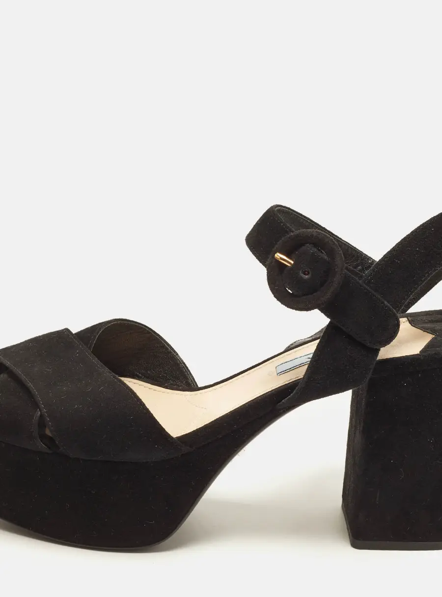 Prada Size 37.5 Black Suede Ankle Strap Sandals