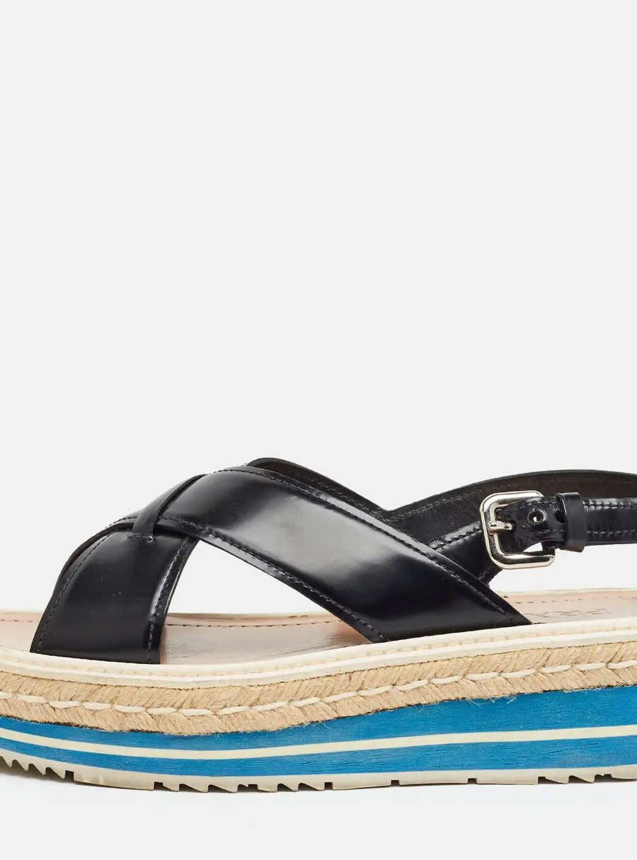 Prada Size 39 Black Leather Crisscross Platform Slingback Espadrille Sandals