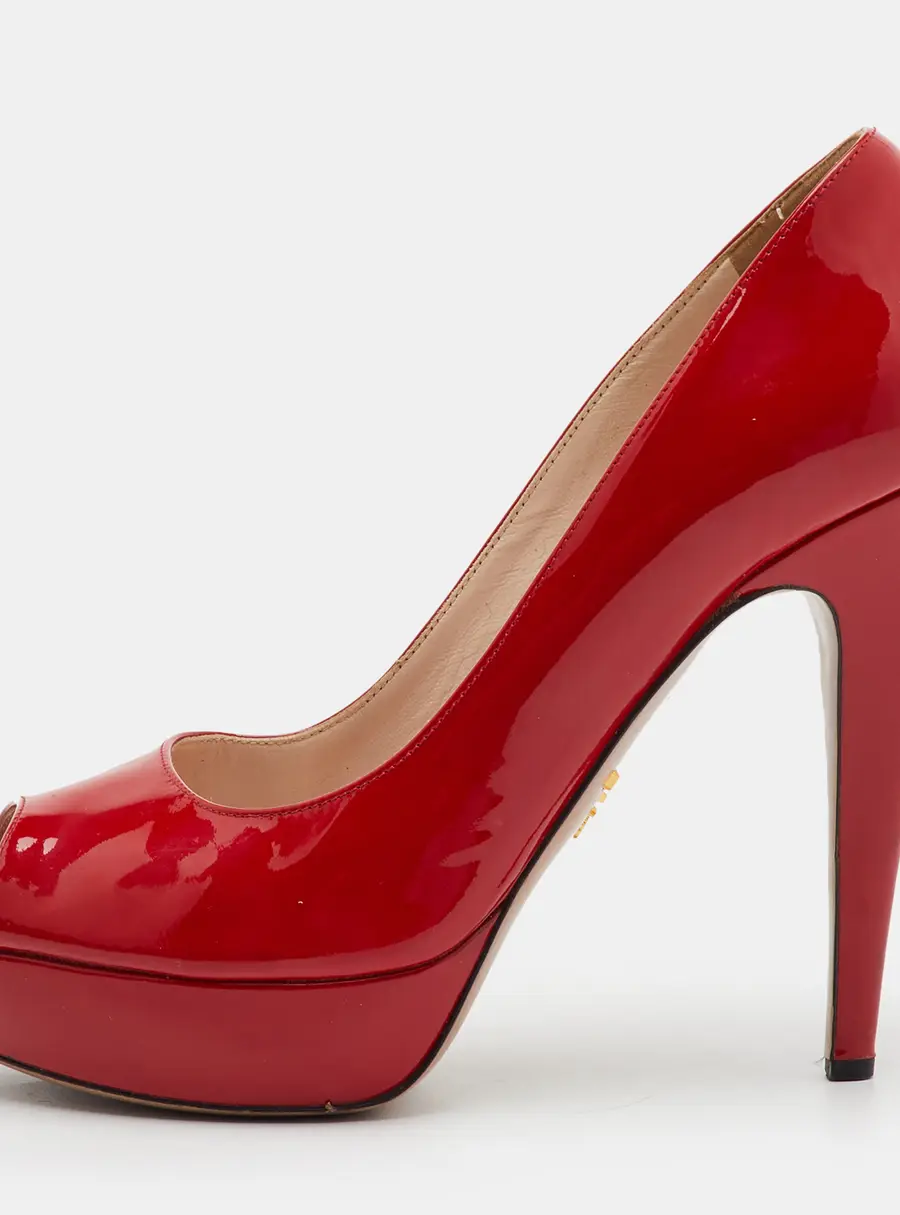 Prada Size 39.5 Red Patent Leather Platform Peep Toe Pumps