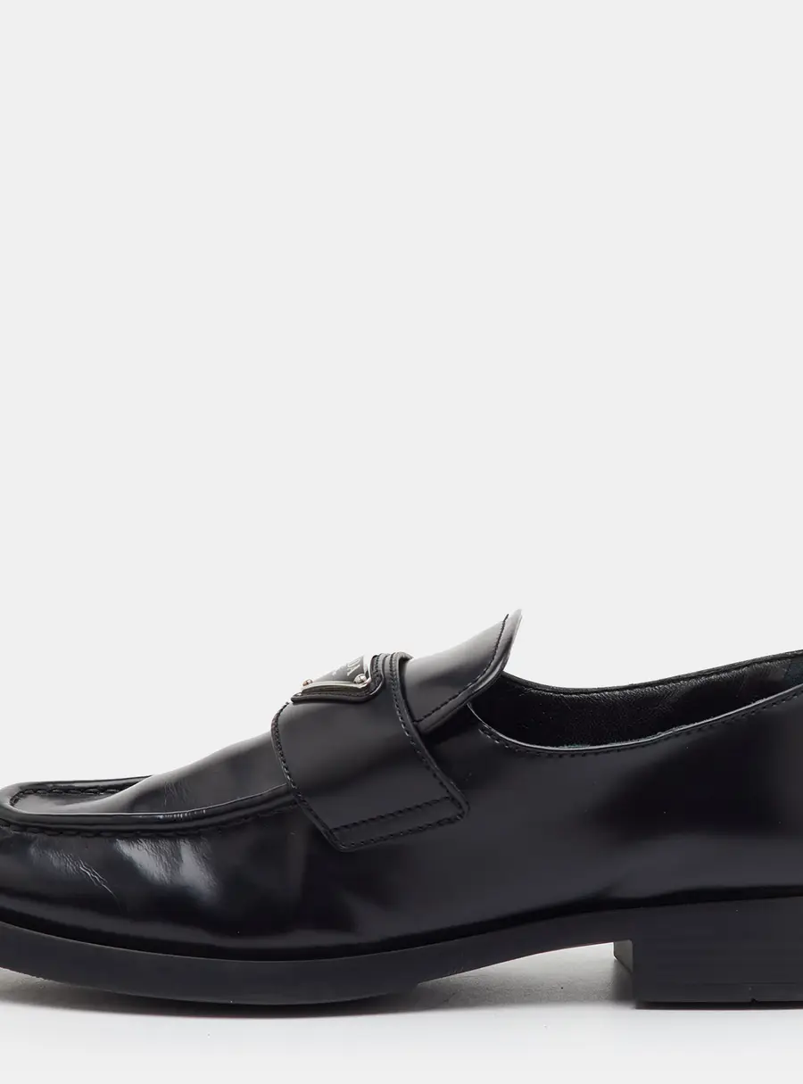 Prada Triangle Logo Plaque Size 38.5 Black Leather Slip On Loafers