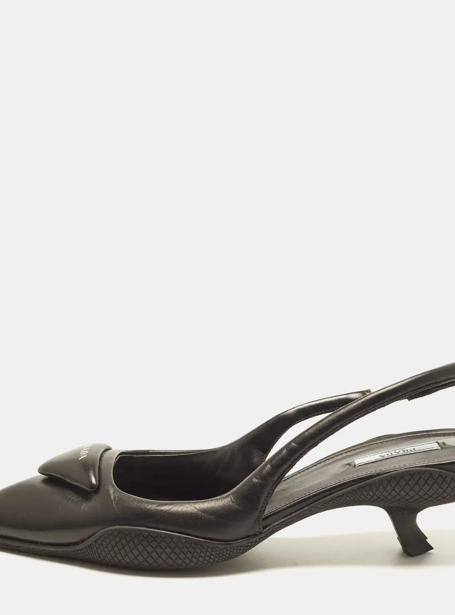 Prada Size 41 Black Leather Triangle Logo Slingback Pumps
