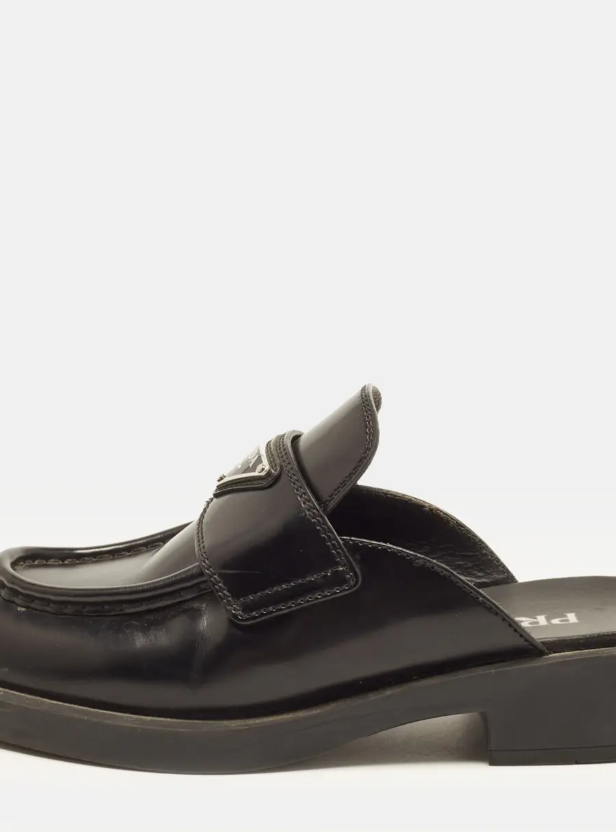 Prada Size 36 Black Leather Triangle Logo Loafers Mules
