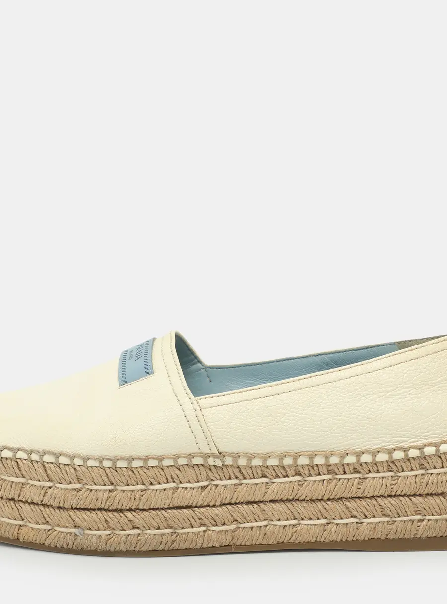Prada Logo Size 38.5 White Leather Platform Espadrille Flats