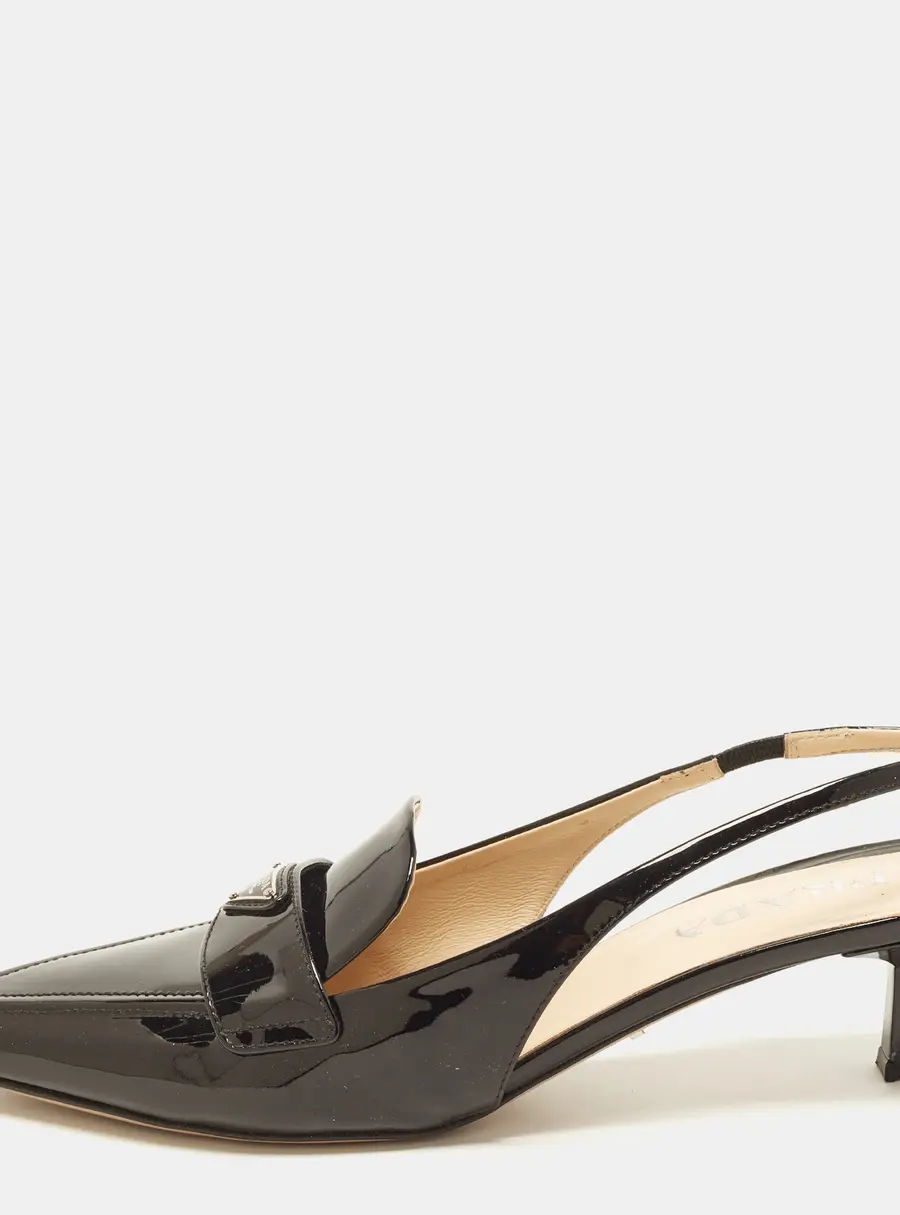 Prada Size 41 Black Patent Leather Triangle Logo Slingback Pumps