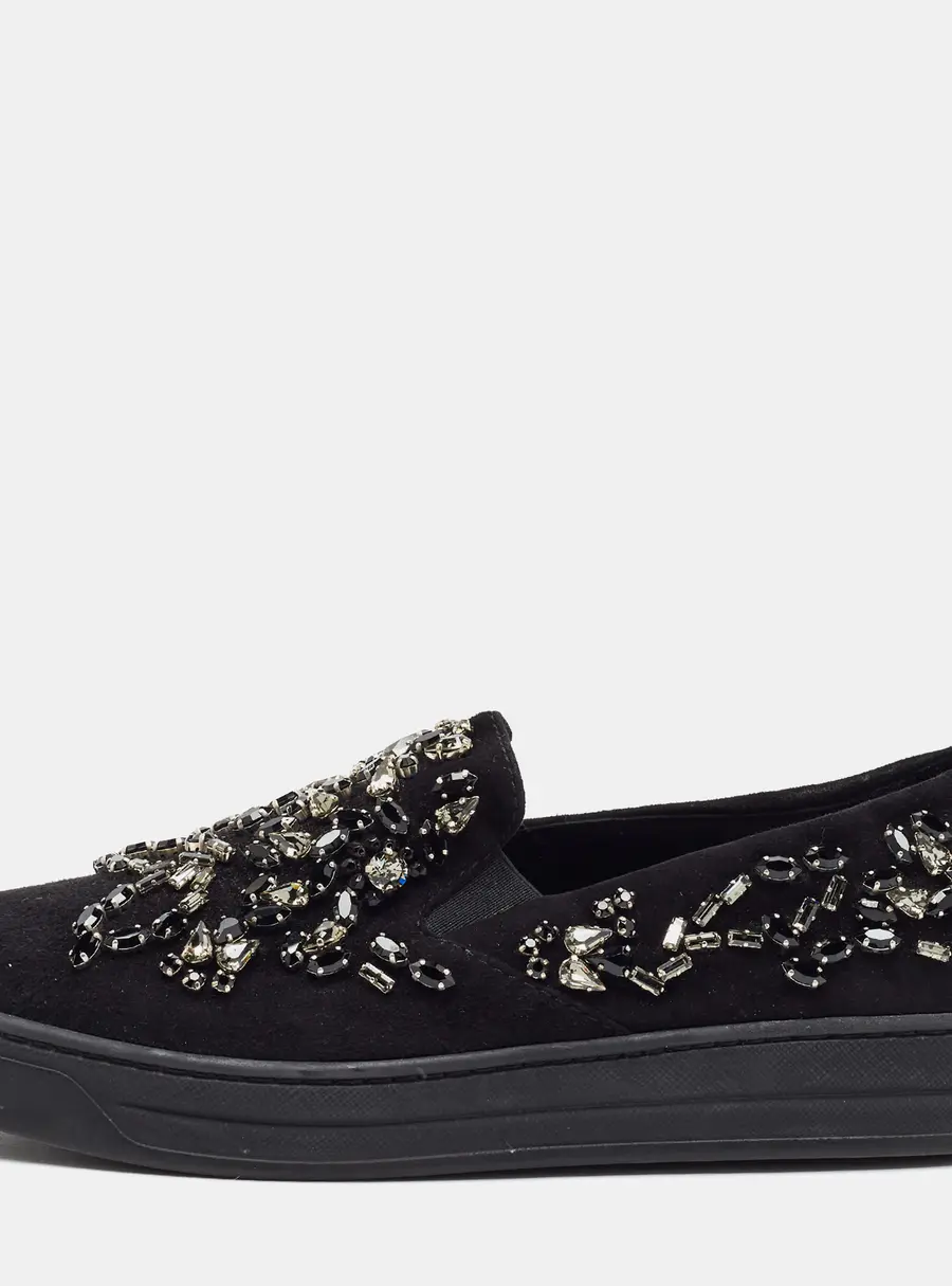 Prada Size 36.5 Black Suede Crystal Embellished Slip On Sneakers