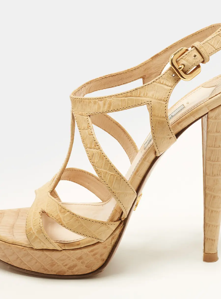 Prada Size 40.5 Beige Croc Embossed Leather Ankle Strap Sandals