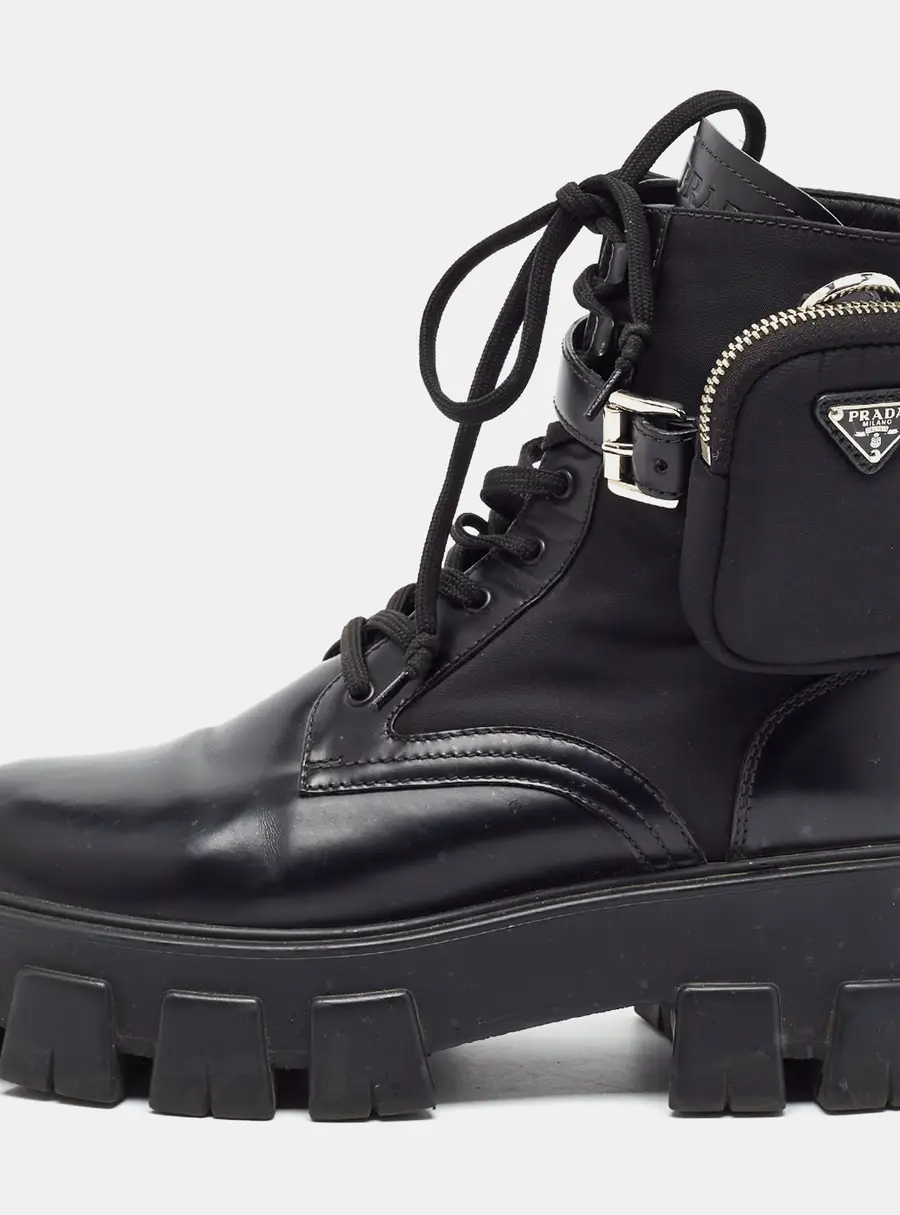 Prada Monolith Size 39 Black Leather and Nylon Combat Boots