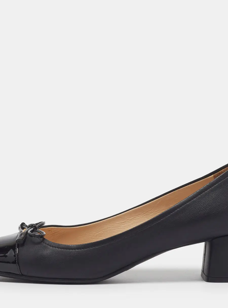 Prada Size 36.5 Black Leather and Patent Leather Bow Block Heel Pumps