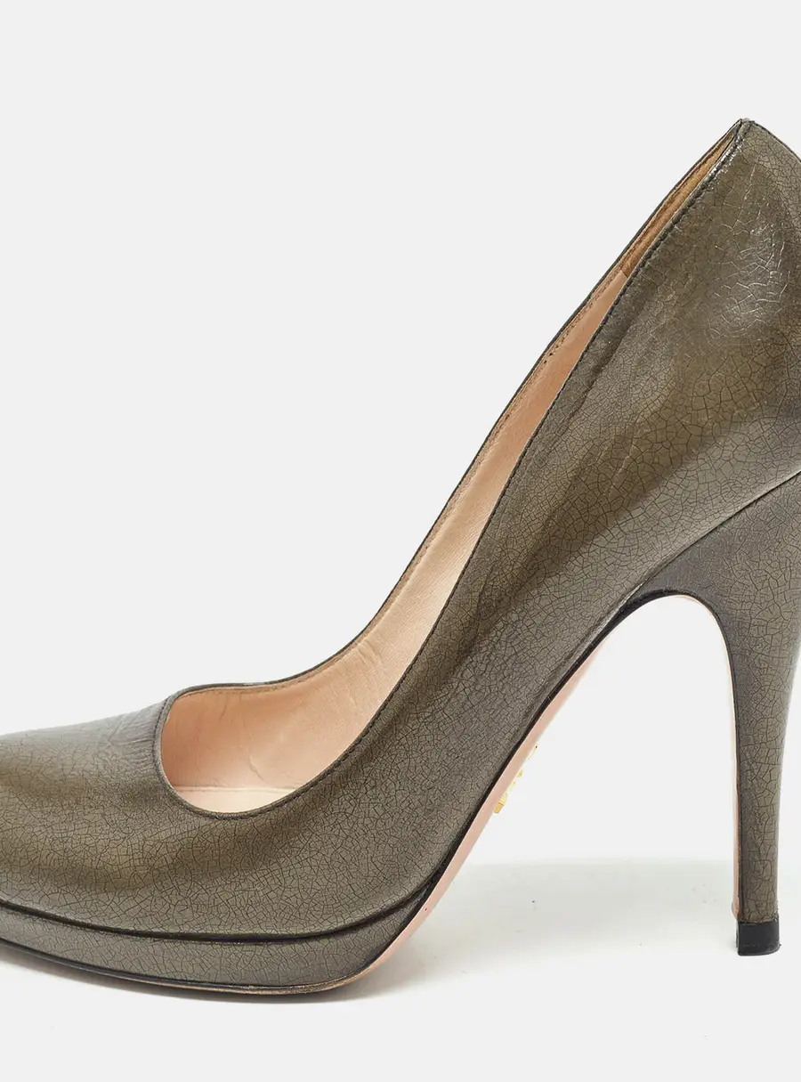 Prada Olive Green Crackled Patent Platform Leather Pumps Size 38.5