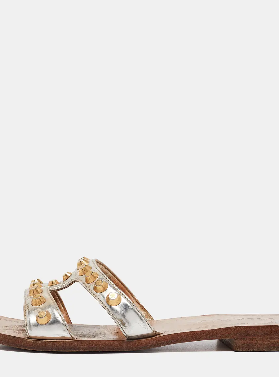 Prada Silver Leather Studded Flat Slides Size 36.5