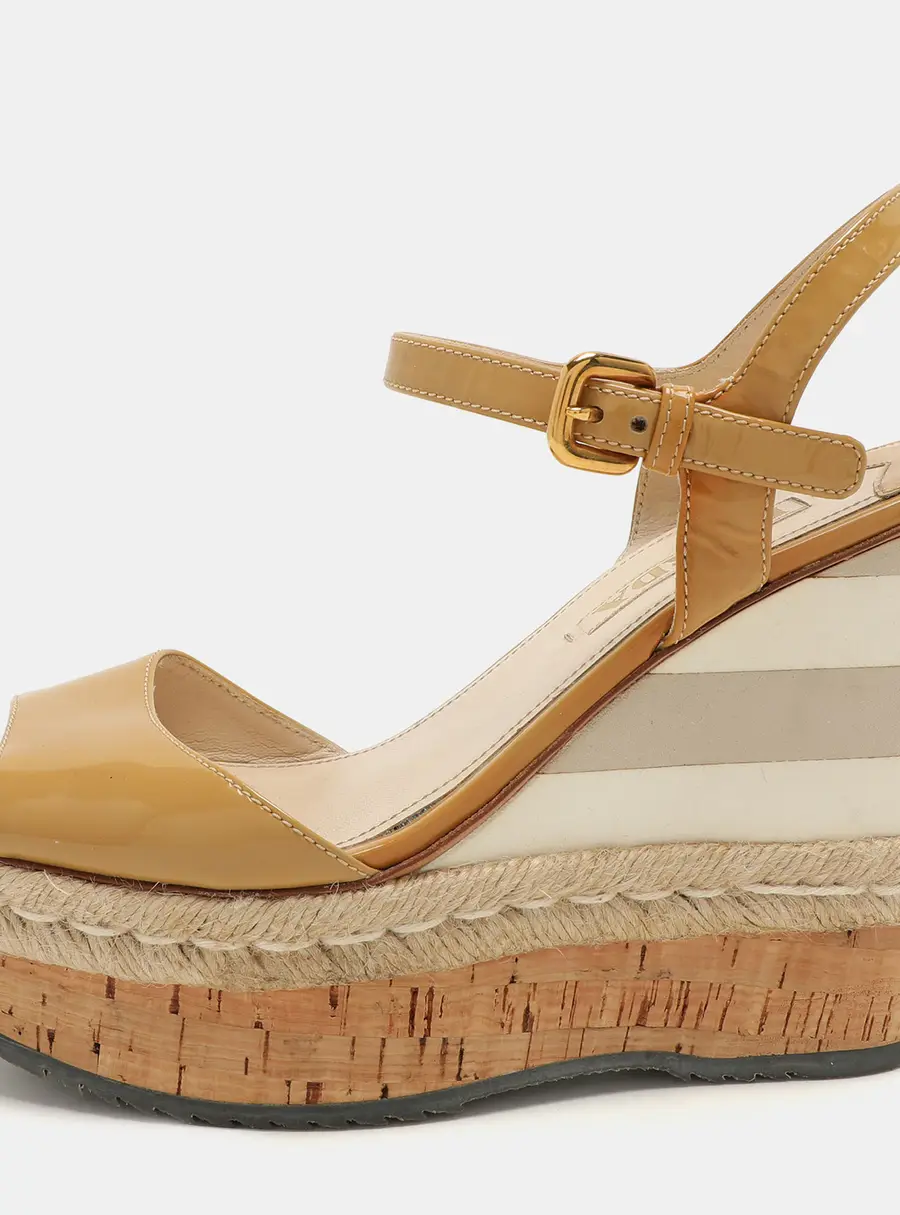 Prada Beige Patent Leather Wedge Espadrille Sandals Size 39.5