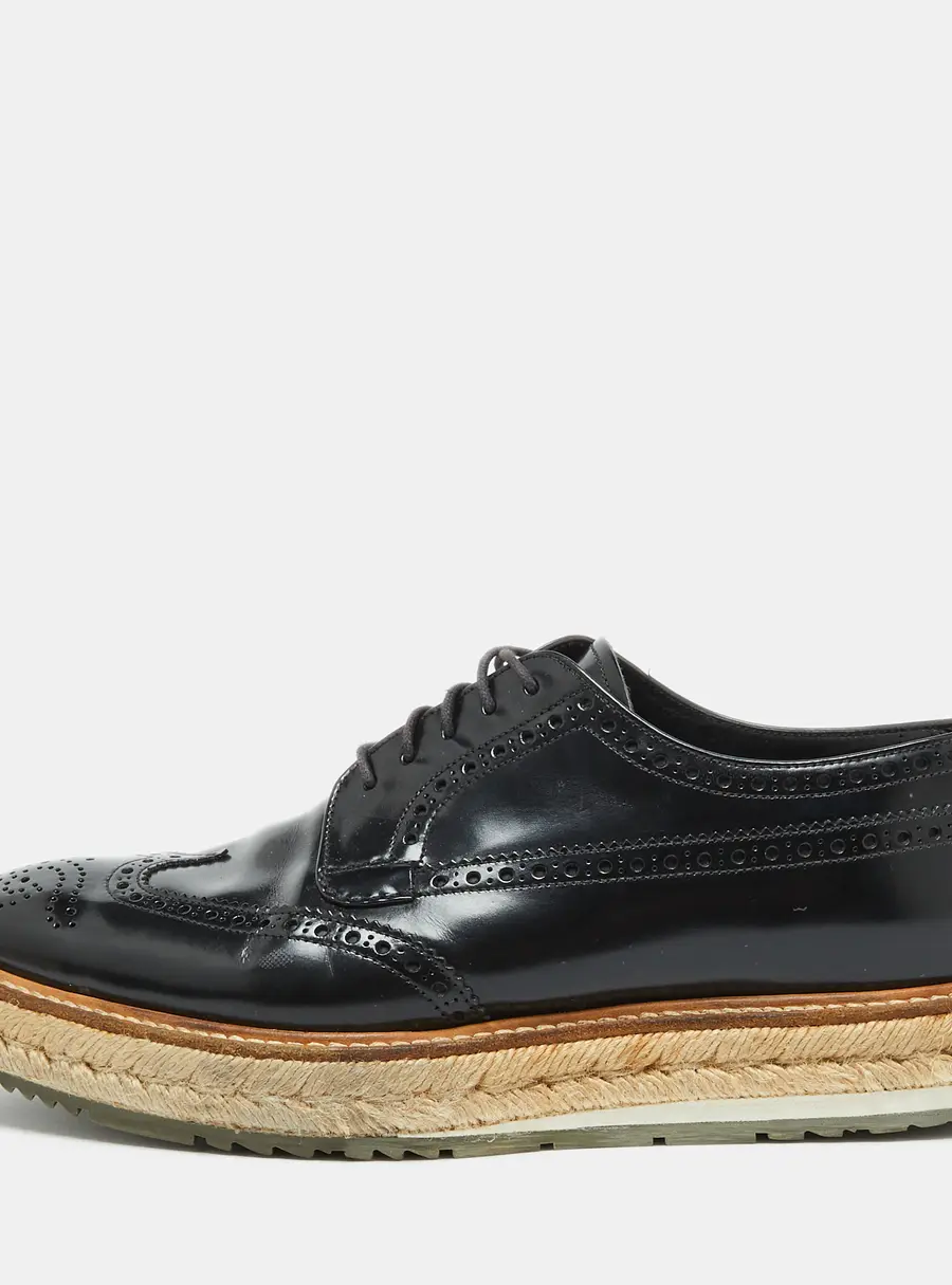 Prada Black Leather Brogue Wingtip Espadrille Platform Derby Size 38.5