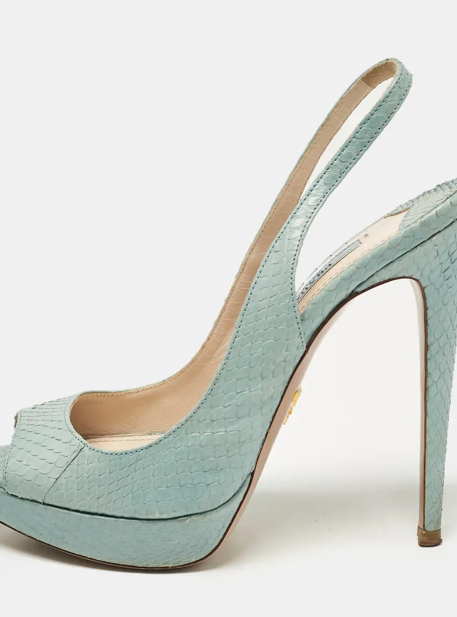 Prada Light Blue Embossed Python Platform Slingback Sandals Size 37