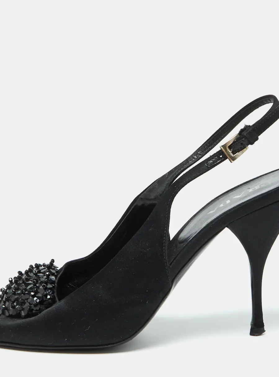 Prada Black Satin Beaded Accents Slingback Pumps Size 39.5