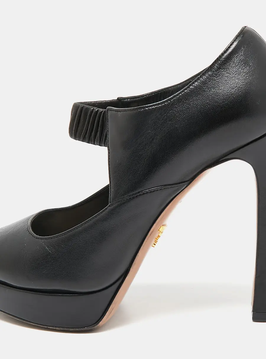 Prada Black Leather Peep Toe Mary Jane Platform Pumps Size 37.5