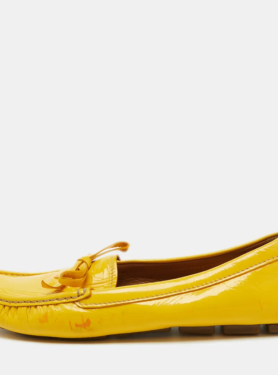 Prada Mustard Yellow Patent Leather Bow Slip On Loafers Size 37.5