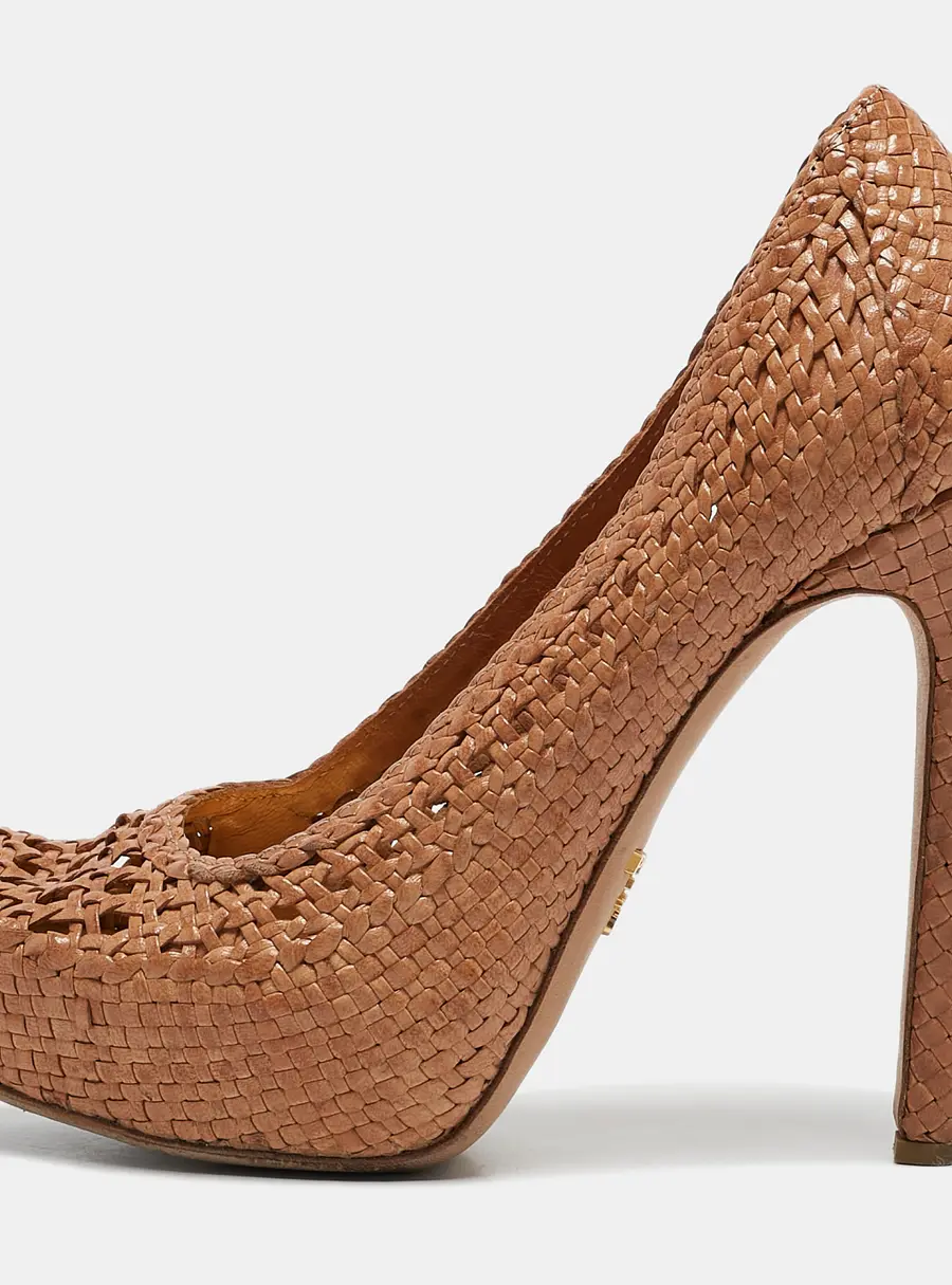 Prada Brown Woven Leather Madras Platform Pumps Size 37.5