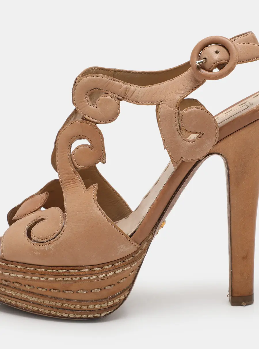Prada Light Brown Leather Cut Out Platform Ankle Strap Sandals Size 36