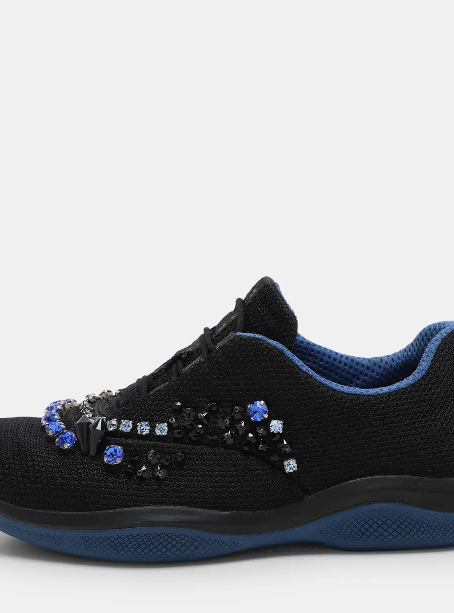 Prada Black Mesh Crystal Embellished Slip On Sneakers Size 36