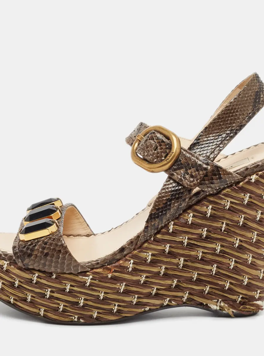 Prada Brown Python Leather Wedge Ankle Strap Sandals Size 39