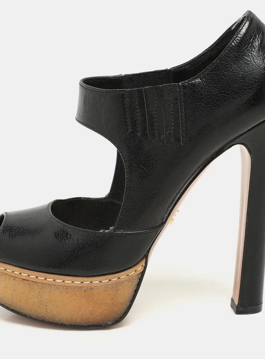 Prada Black Crackled Leather Mary Jane Platform Pumps Size 36.5