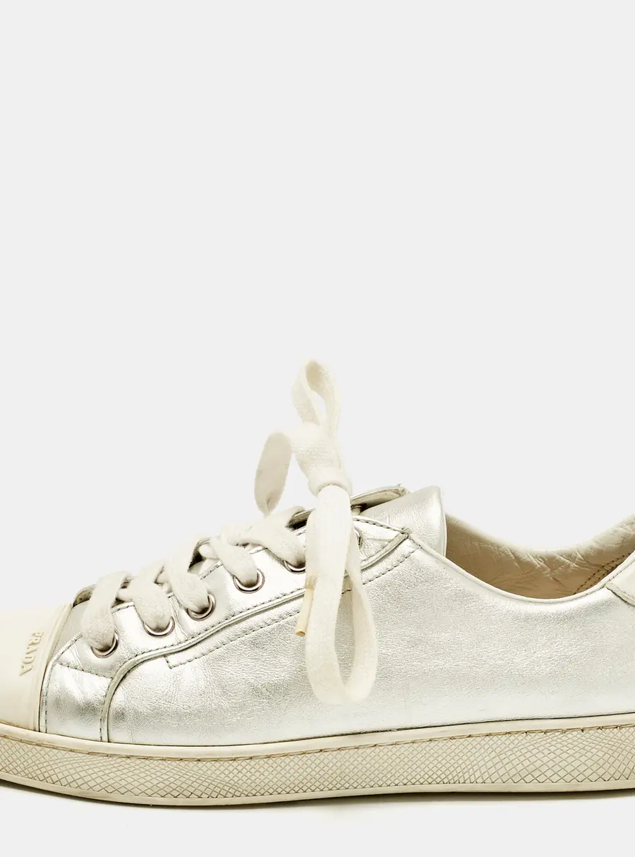 Prada Silver/White  Leather and Rubber Cap Toe Lace Up Sneakers Size 37.5