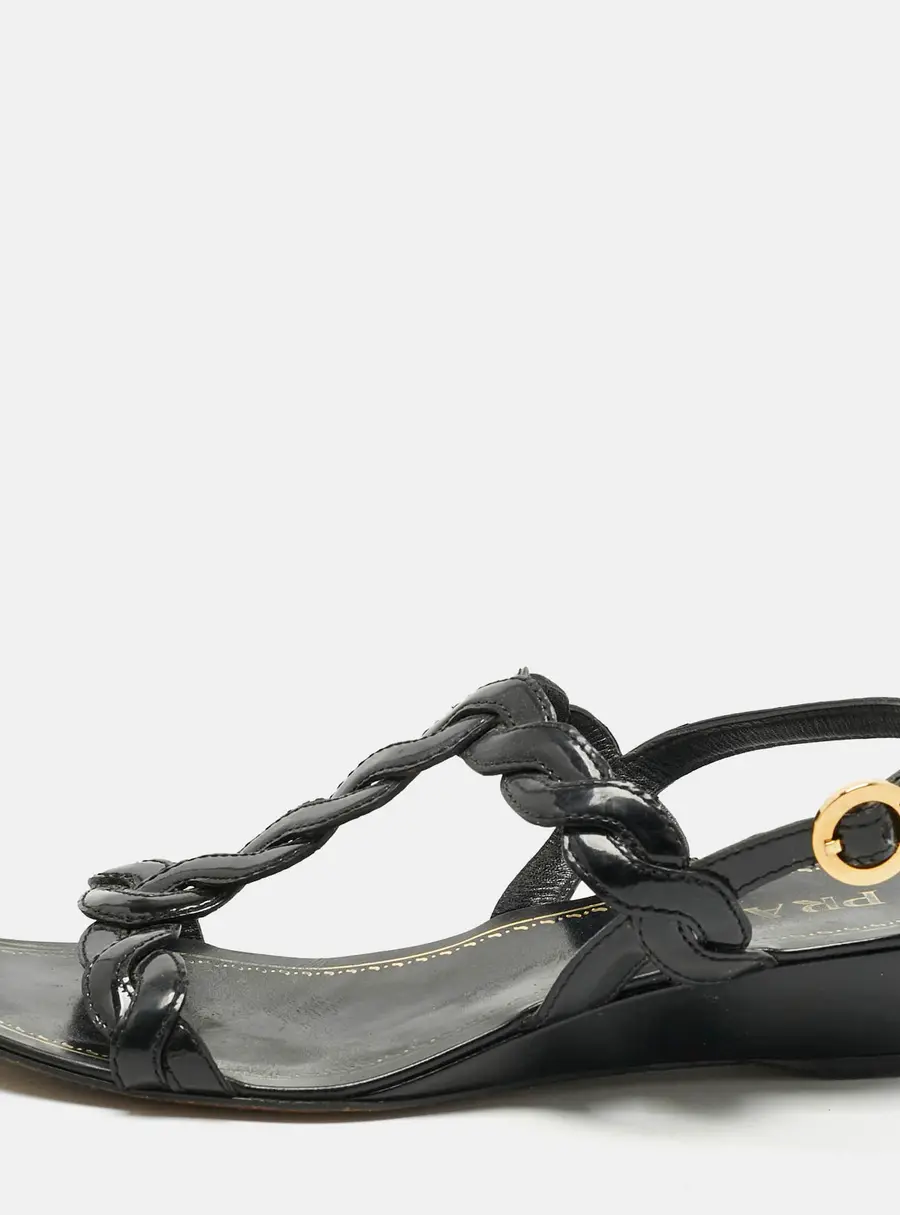 Prada Black Patent Leather Wedge Ankle Strap Sandals Size 37