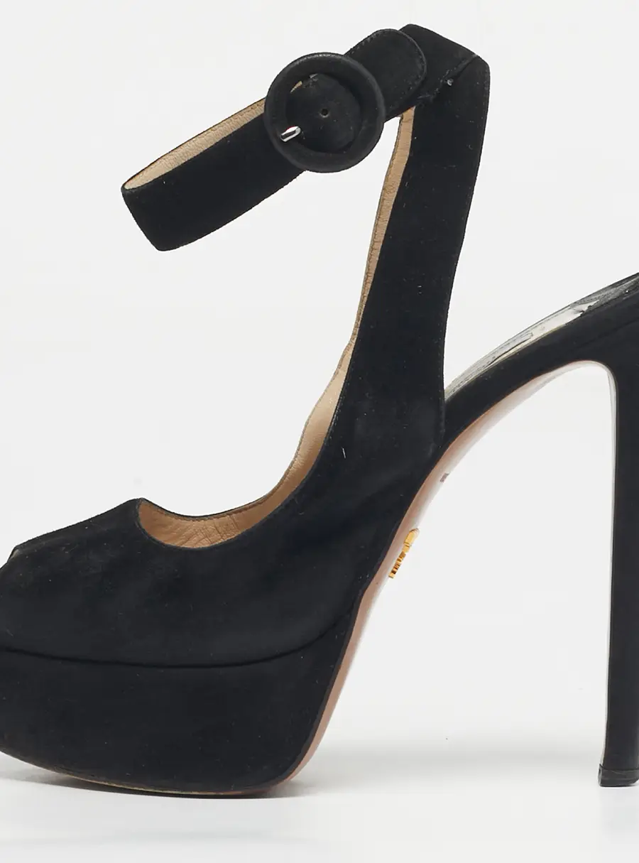 Prada Black Suede Peep Toe Ankle Strap Pumps Size 38