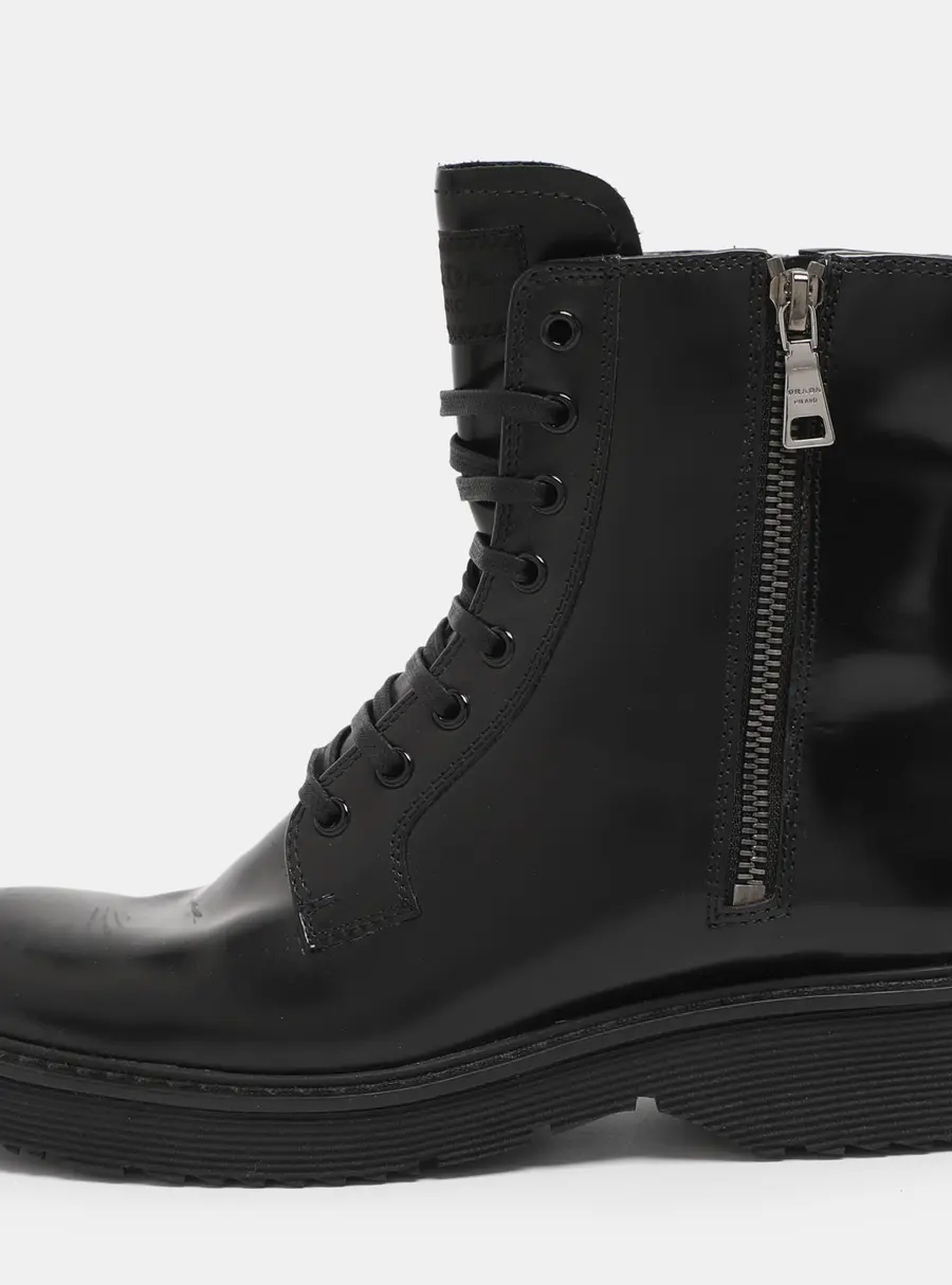Prada Black Leather Combat Boots Size 38.5