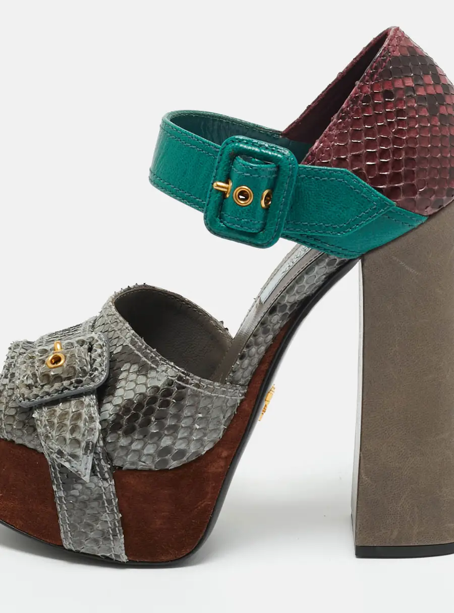 Prada Multicolor Python and Leather Ankle Strap Platform Sandals Size 37.5