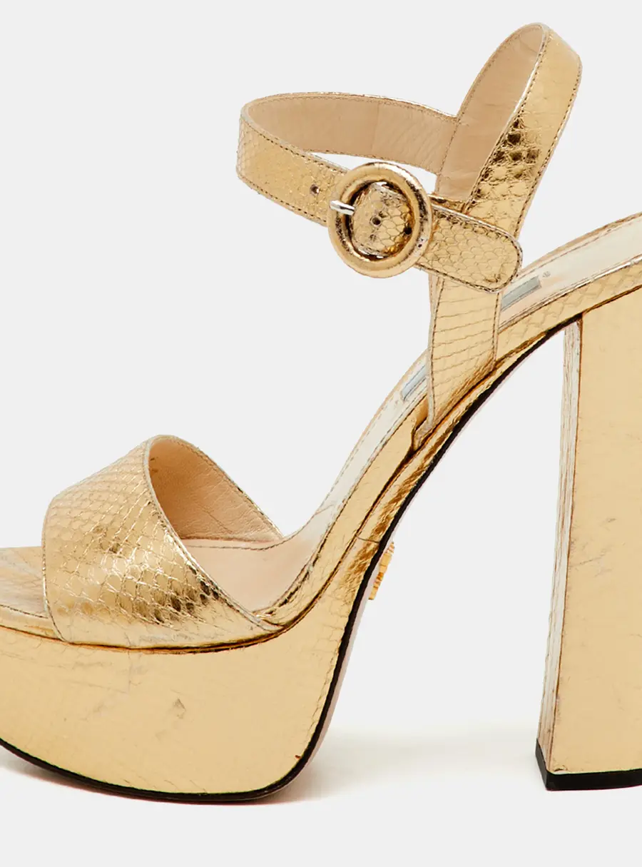 Prada Metallic Gold Python Embossed Leather Ankle Strap Platform Sandals Size 36.5