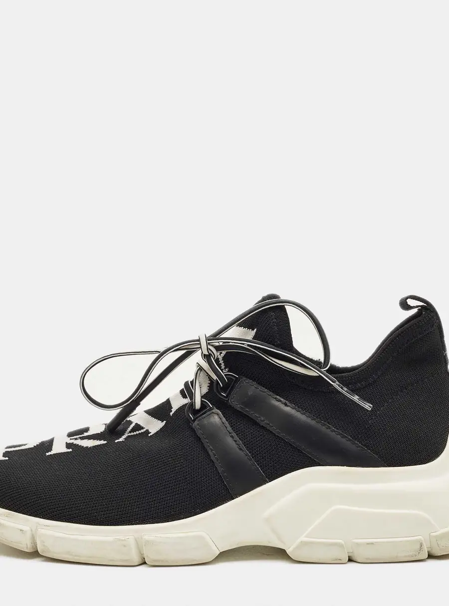 Prada Black Knit Fabric and Leather Lace Up Sneakers Size 35