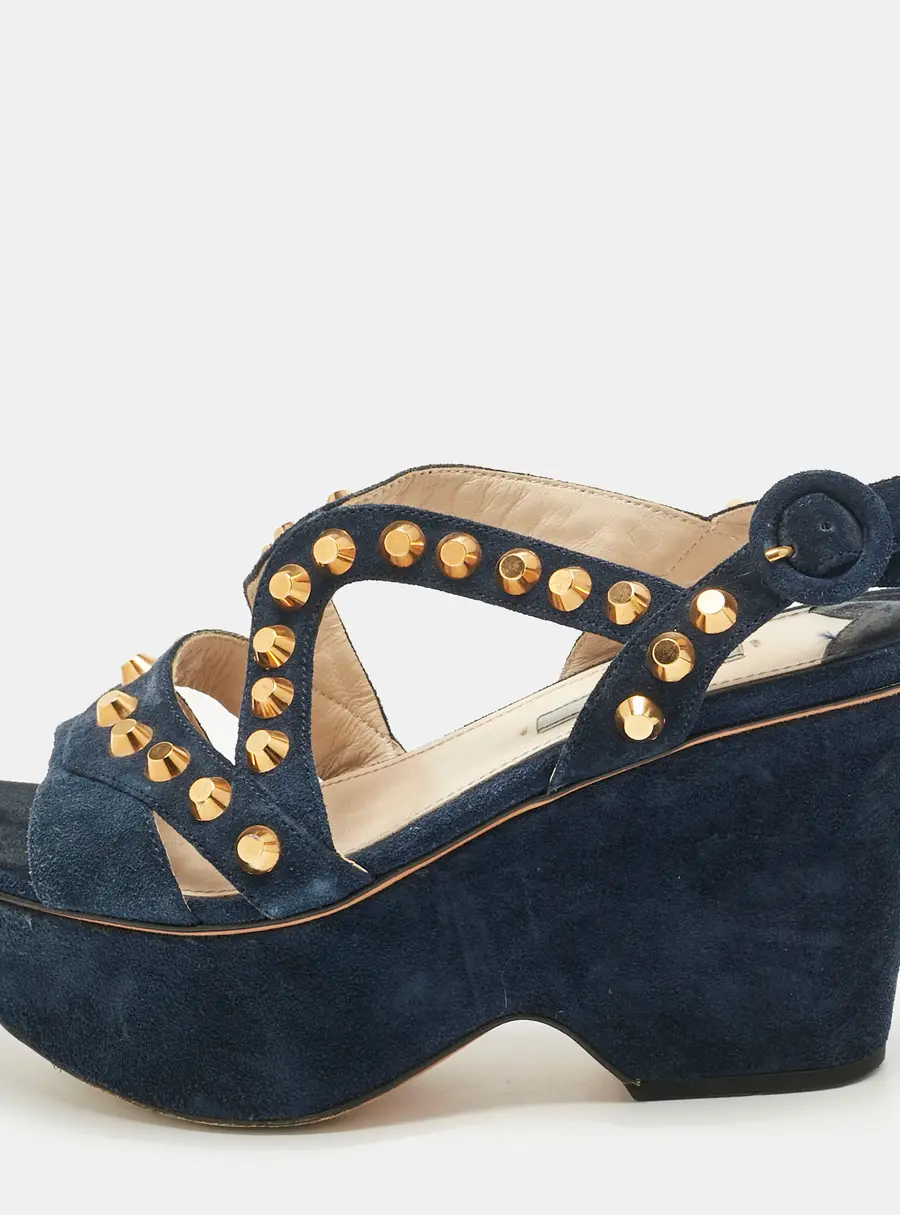 Prada Navy Blue Suede Studded Wedge Sandals Size 36
