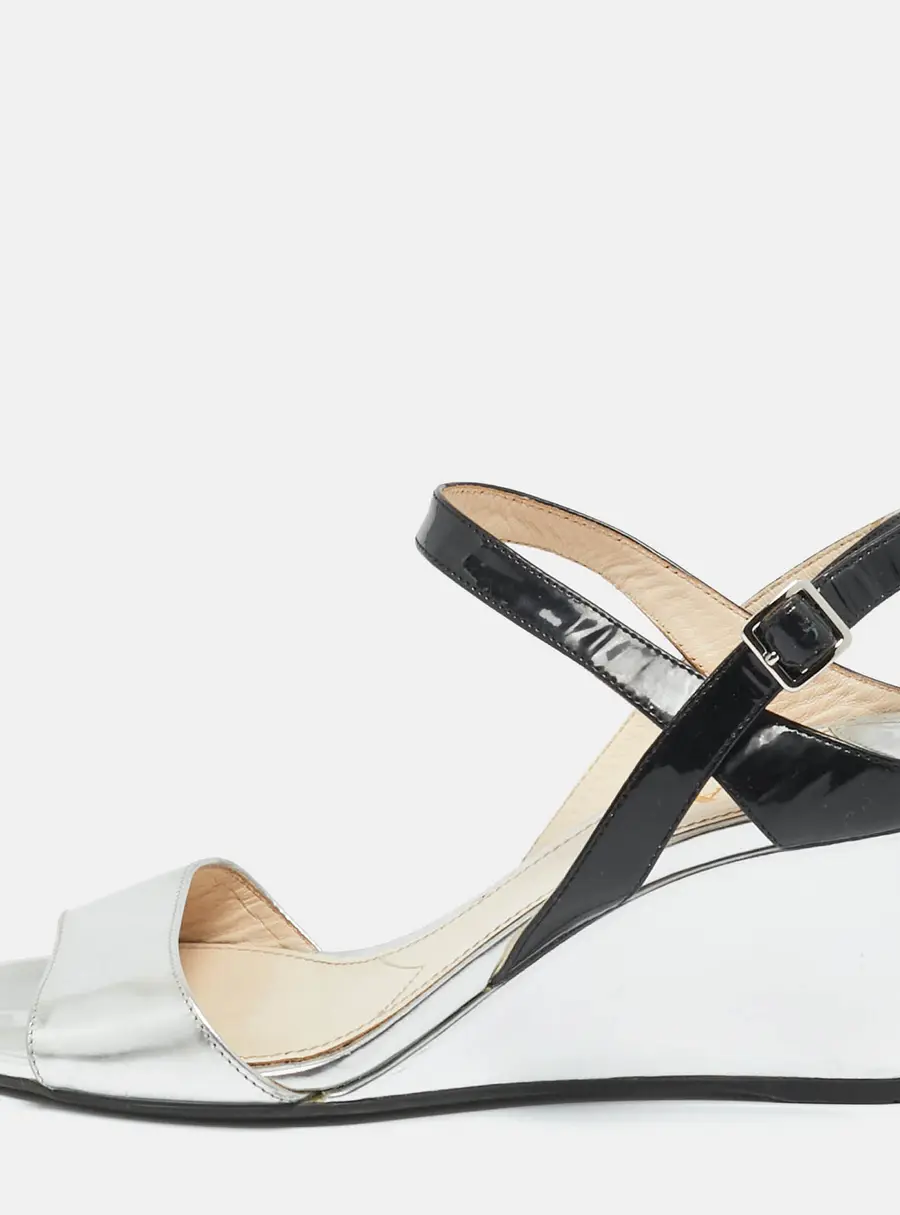 Prada Black/Silver Patent Leather Wedge Slingback Sandals Size 38.5