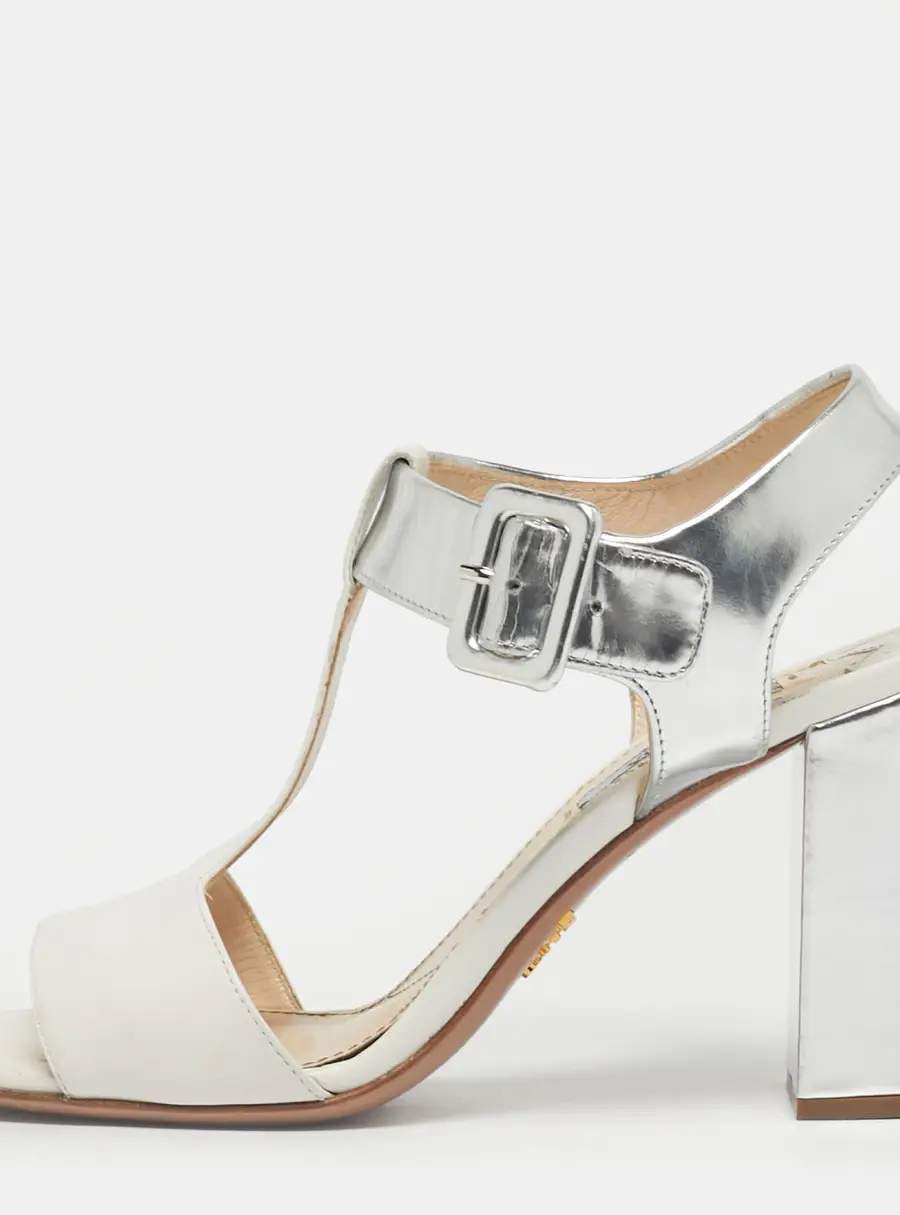 Prada White/Silver Leather Block Heel Ankle Strap Sandals Size 38