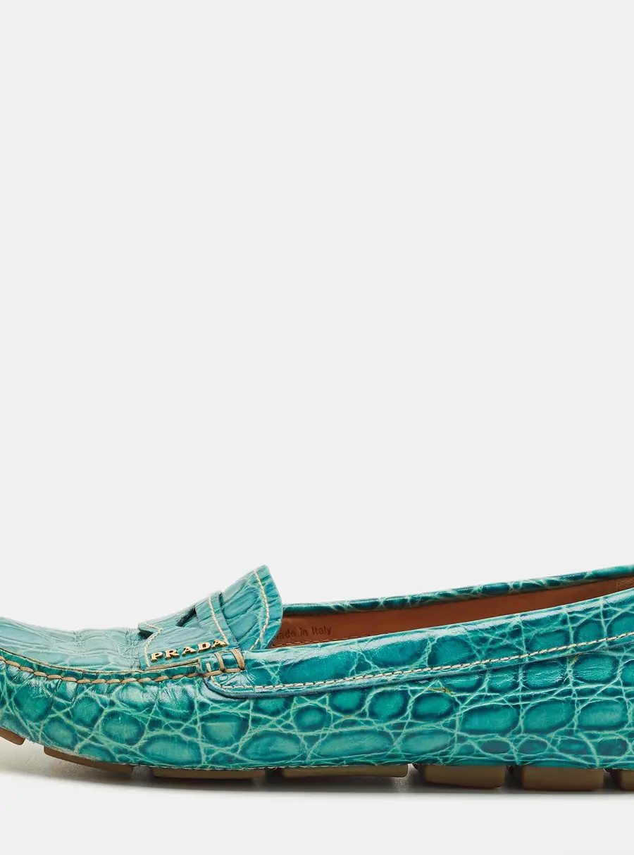 Prada Teal Crocodile Leather Penny Loafers Size 36.5