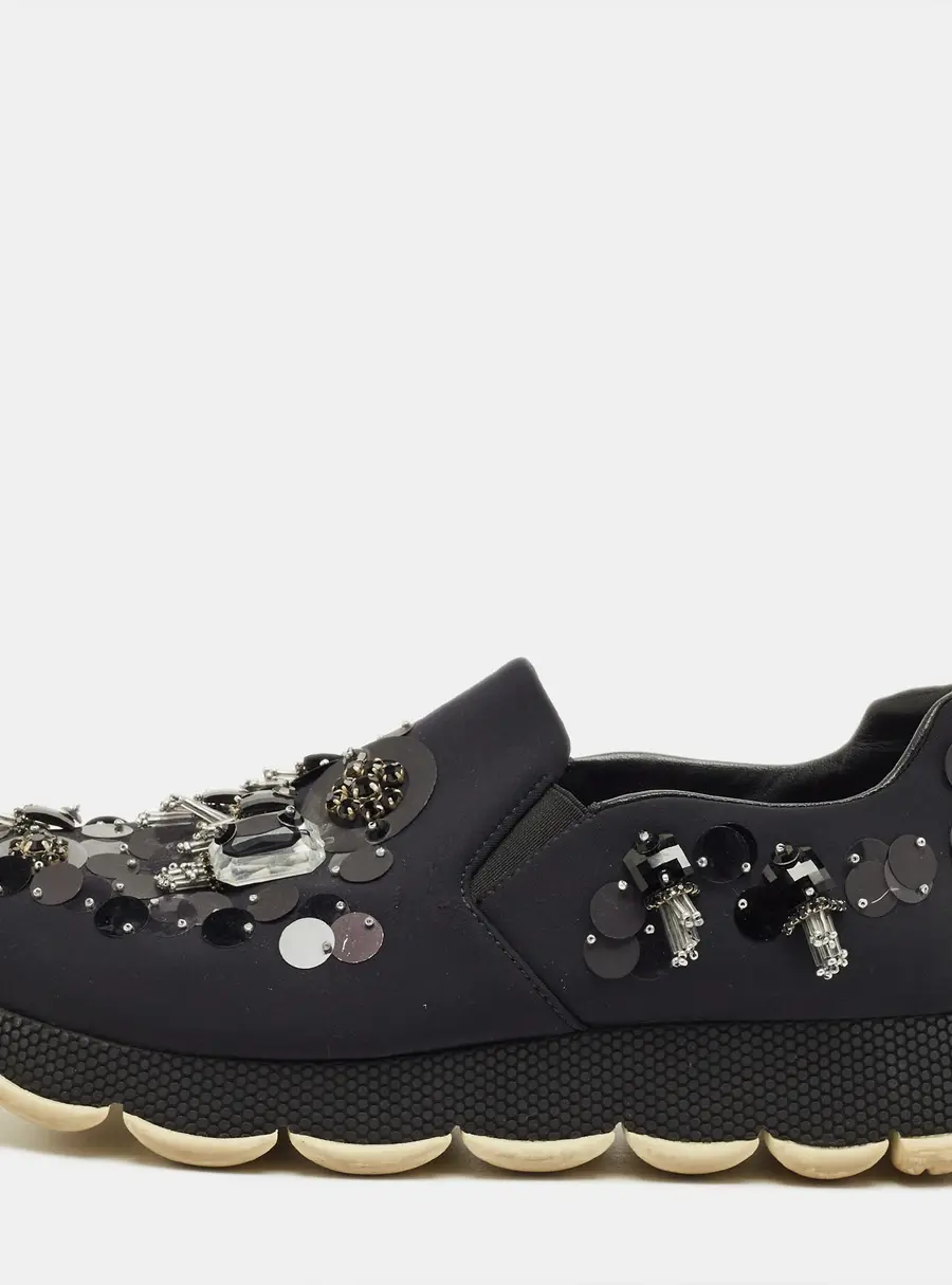 Prada Navy Blue Neoprene Crystal Embellish Slip On Sneakers Size 37