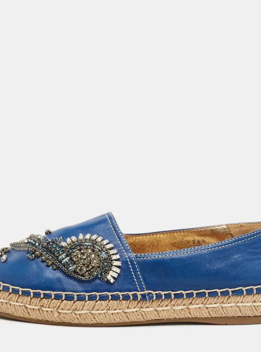 Prada Blue Leather Crystal Embellished Espadrille Flats Size 36.5