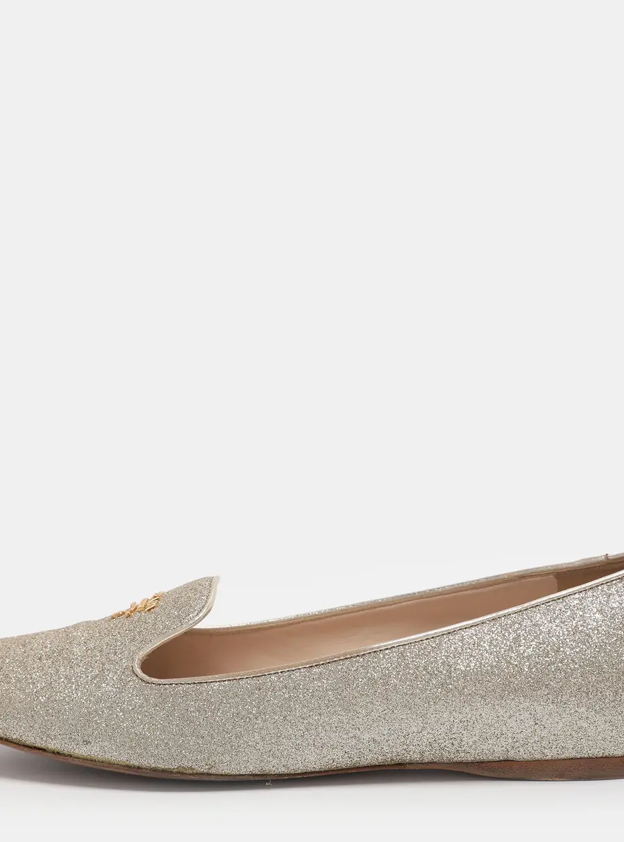Prada Size 37.5 Gold Glitter Smoking Slippers